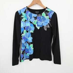 Lands End Rash Guard Black Blue Floral Long Sleeve Round Neck UPF Size S 6-8